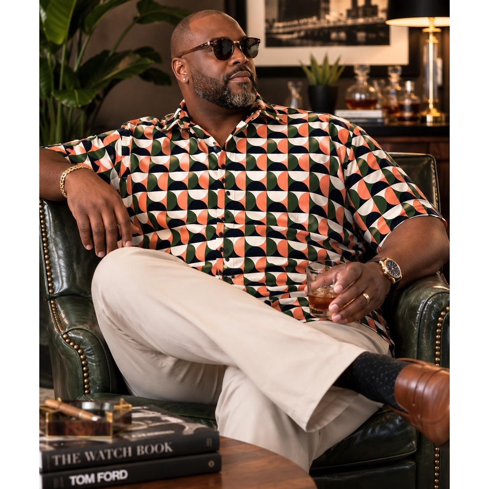 Shaquille O'Neal Collection 4XL Retro Geometric Print Short Sleeve Shirt